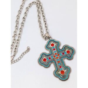 Rhinestones Cross Necklace Silver Tone Rolo‎ Chain Chunky Statement Piece Y2K